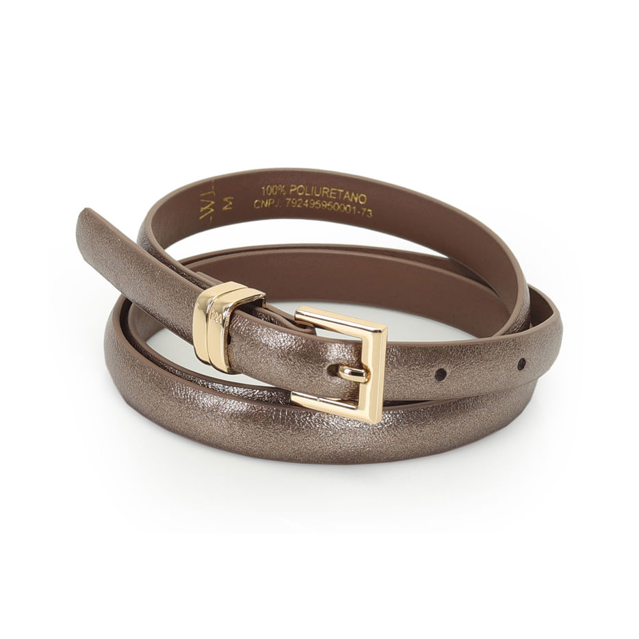 Cinto feminino WJ bronze metálico enrolado mostrando acabamento e detalhes da fivela